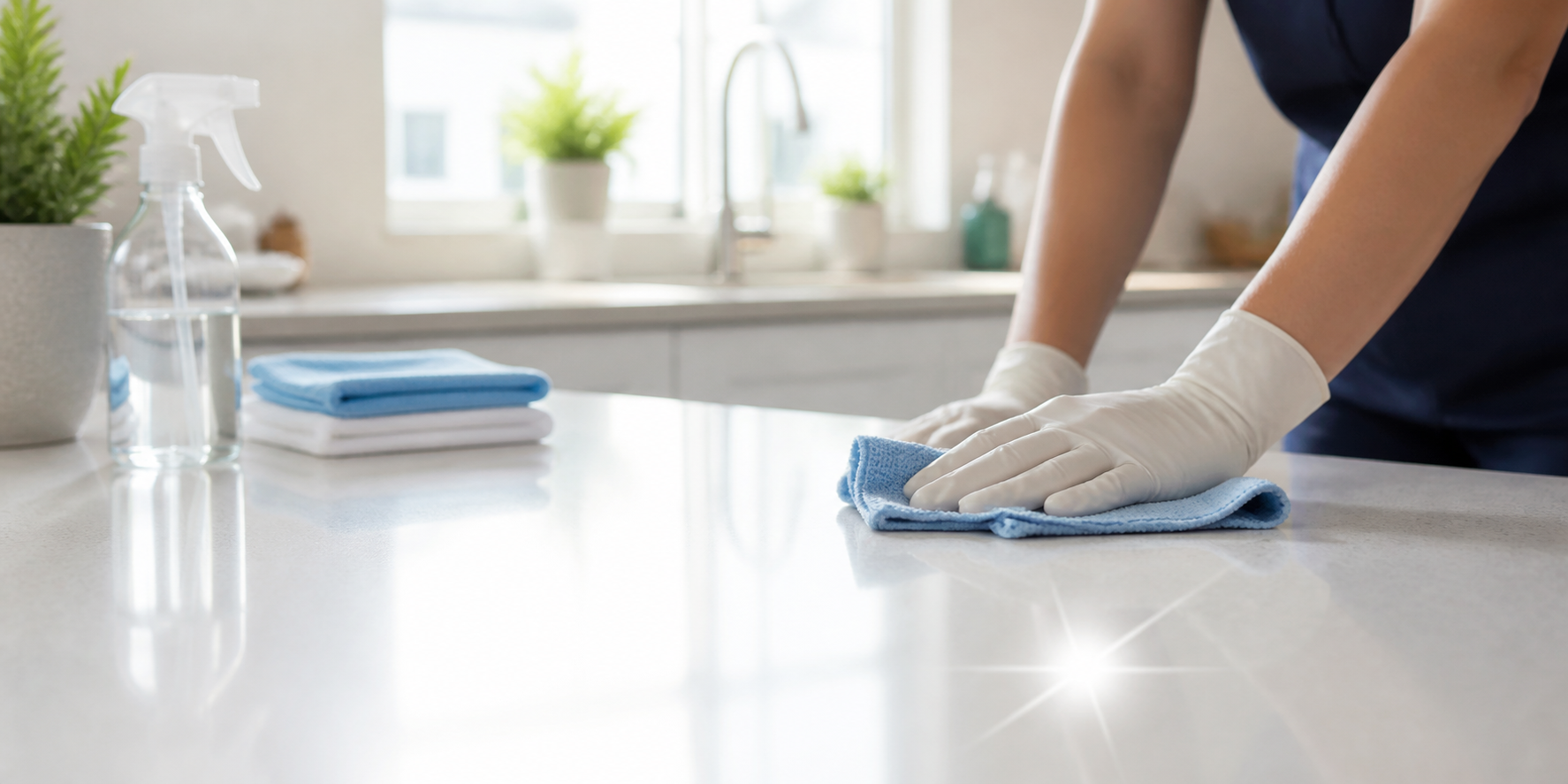 A gloved hand wiping a gleaming kitchen countertop with a microfibre cloth in a bright modern kitchen