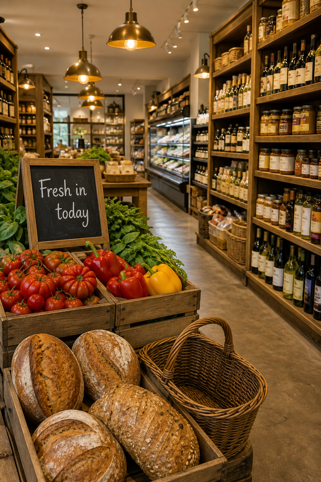 Boutique independent grocer interior with wooden crates of fresh produce, brass pendant lighting and jarred goods on the shelves