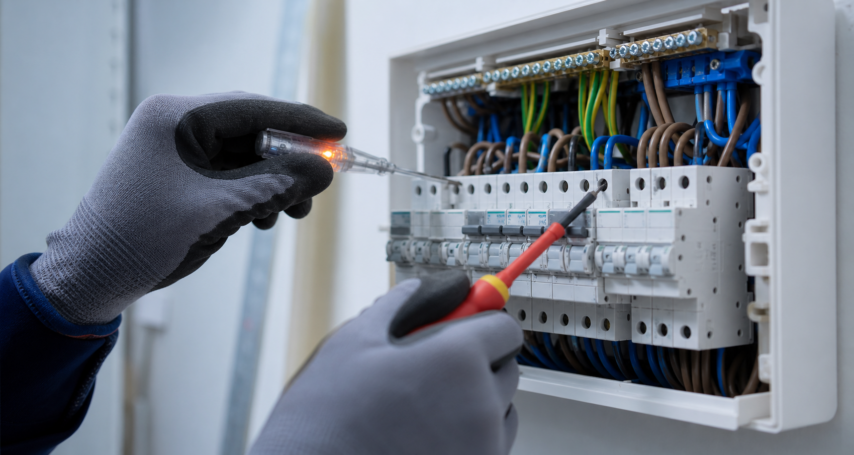 An electrician's gloved hands testing wiring inside an open consumer unit with a voltage tester and screwdriver