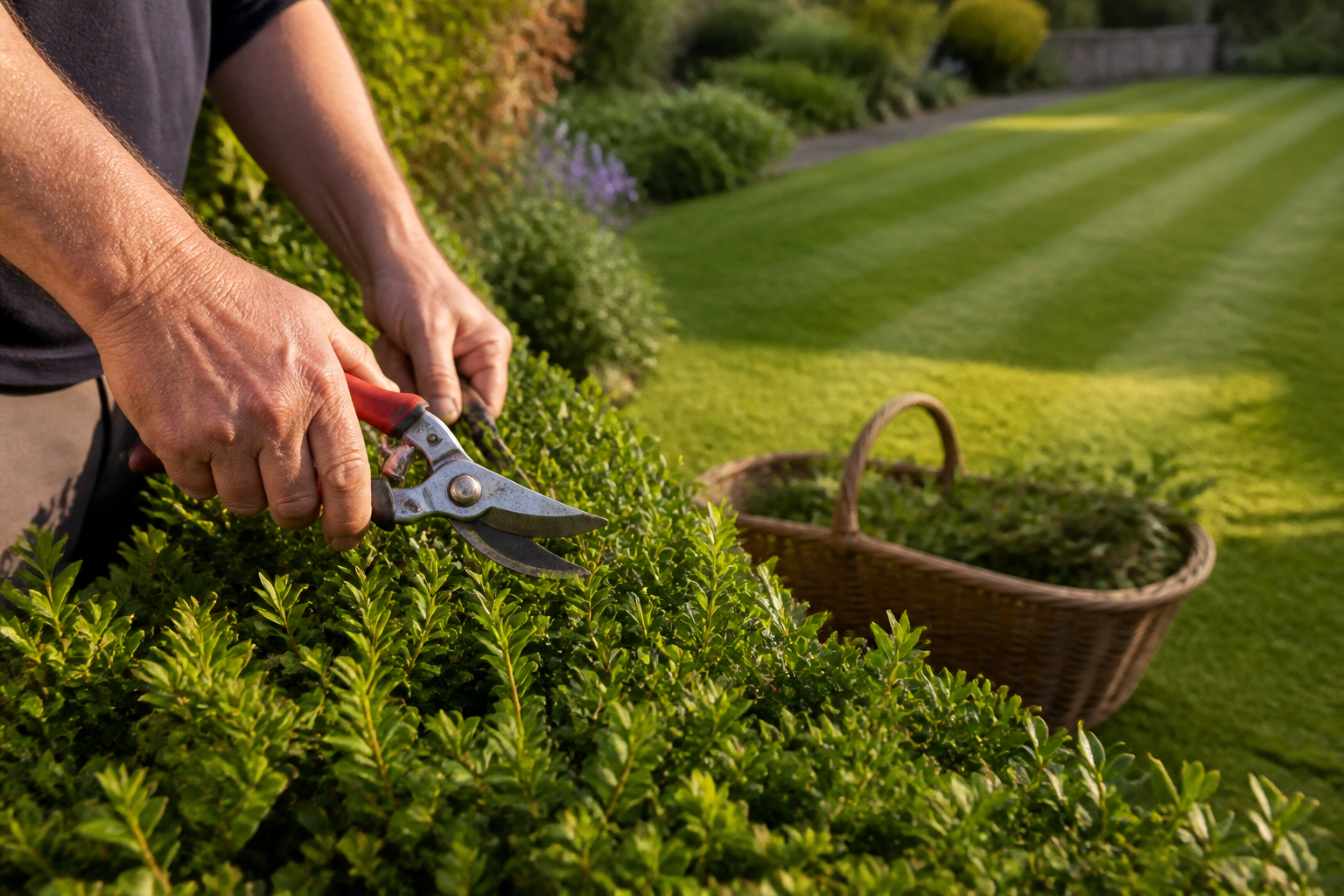 Hands trimming a garden hedge with secateurs beside a freshly mown striped lawn and a wicker garden trug