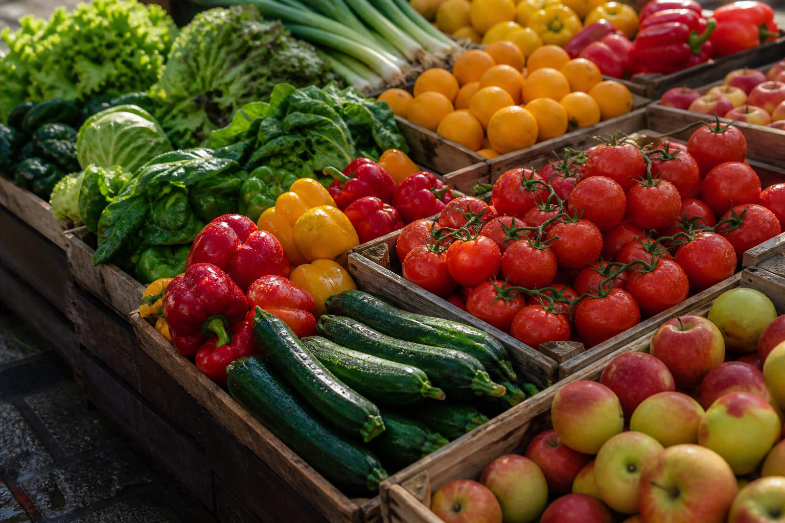 Crates of fresh colourful fruit and vegetables including tomatoes, peppers and apples at a market stall display