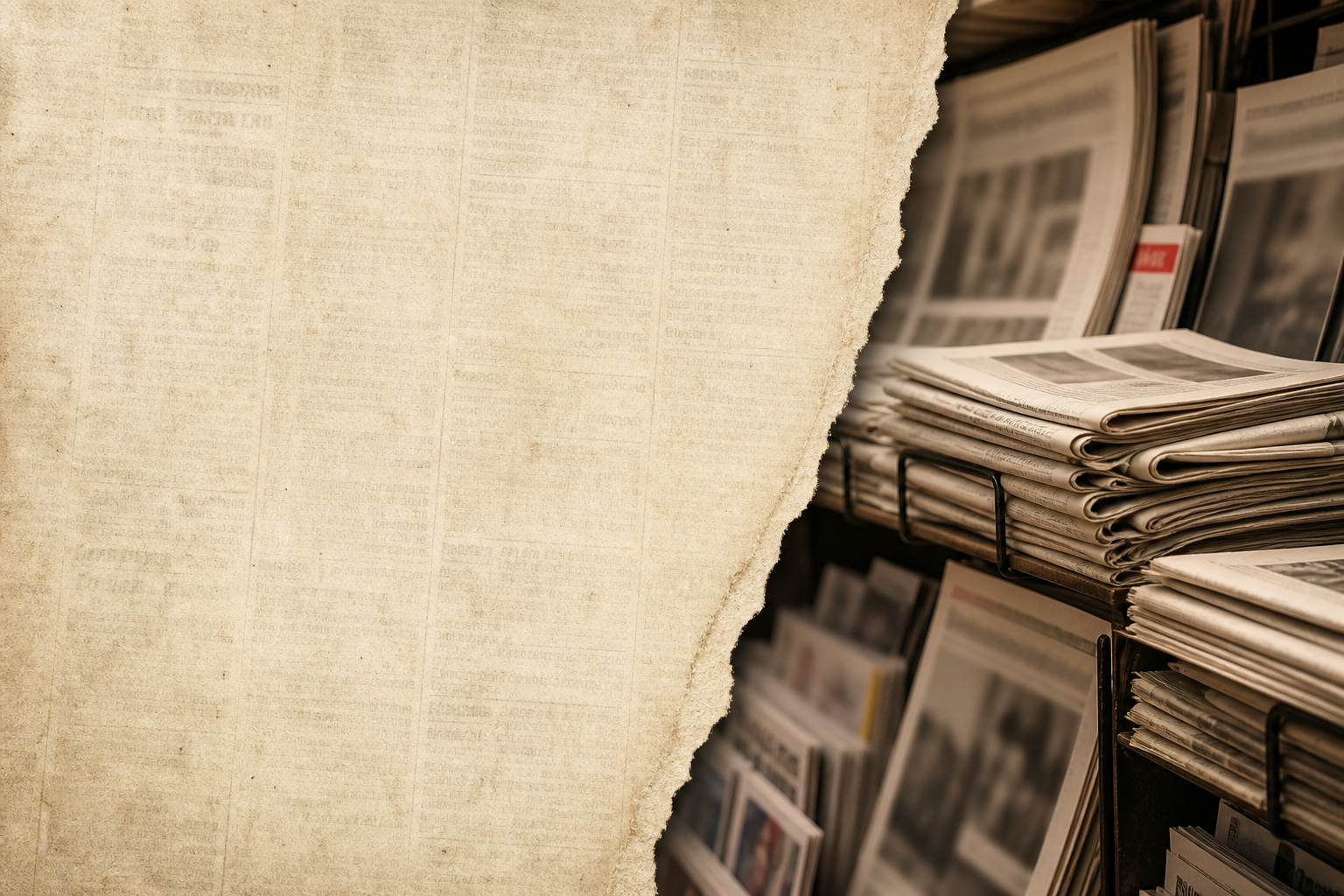 Torn newsprint paper texture beside a photo of a well-stocked independent newsagent magazine and newspaper rack