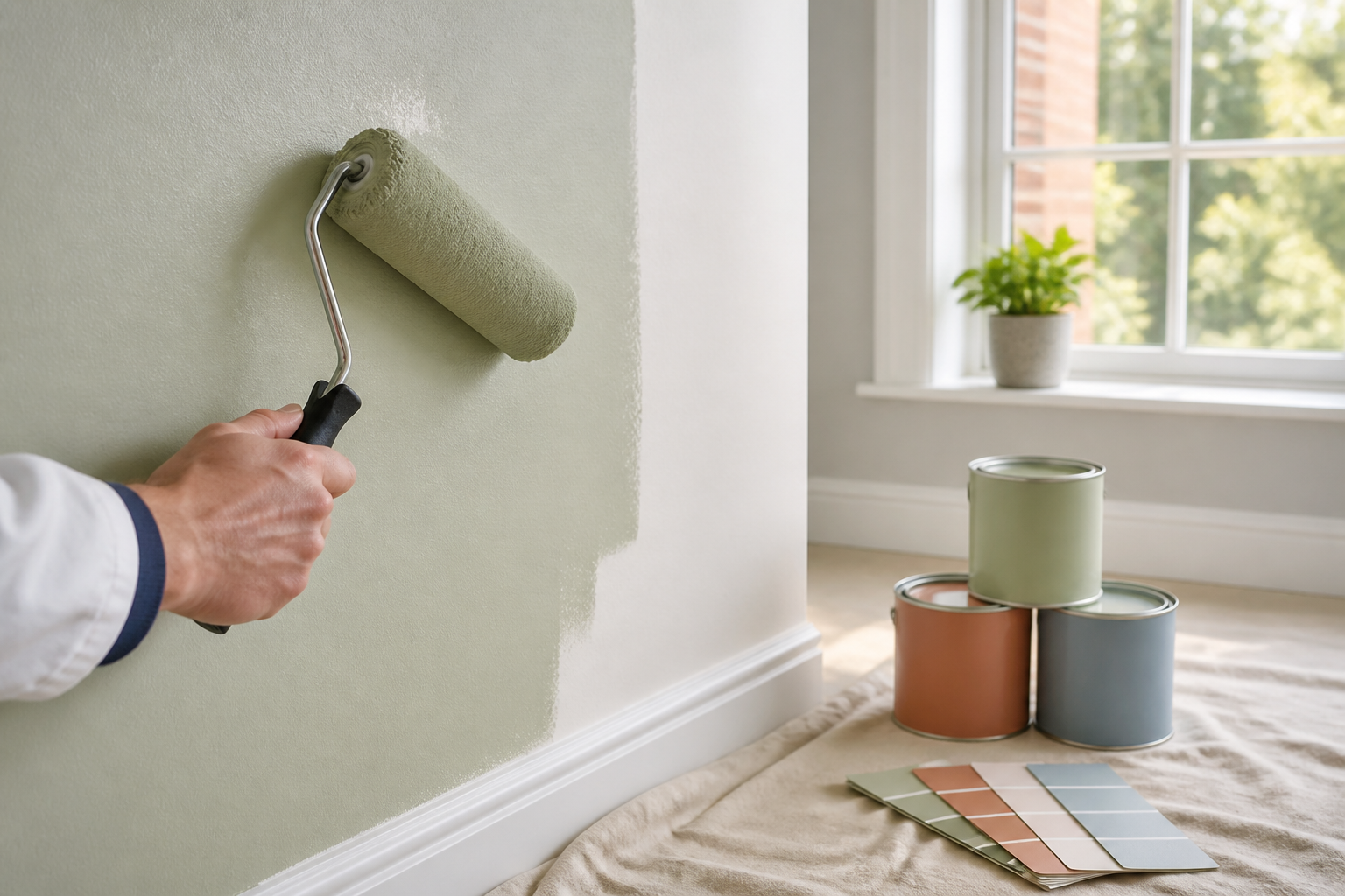 A hand using a roller to apply fresh sage-green paint to an interior wall, with paint tins and colour swatches nearby