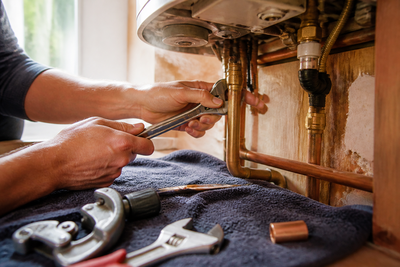 A plumber's hands fitting a copper pipe joint with a wrench under a boiler, tools laid out nearby